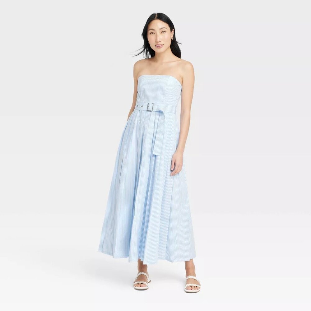 DEFECTED NWT New Day Women's Belted Midi Bandeau Dress Blue/White Striped STAIN